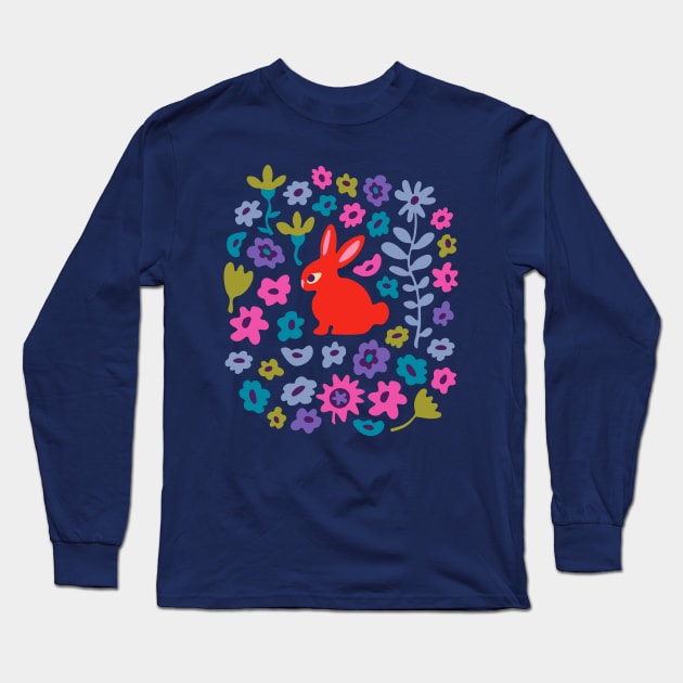 BUNNY RABBIT Cute Baby Animal with Flowers in Bright Red - Kids Easter Spring and 2023 Year of the Rabbit - UnBlink Studio by Jackie Tahara Long Sleeve T-Shirt by UnBlink Studio by Jackie Tahara